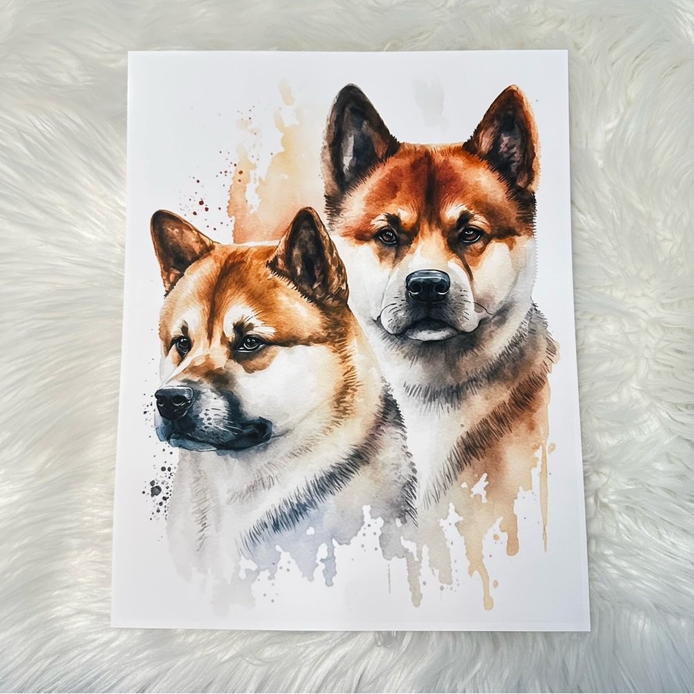 Watercolor American Akita Dogs Portrait Wall Art Illustration Print Unframed - Picture 8 of 10